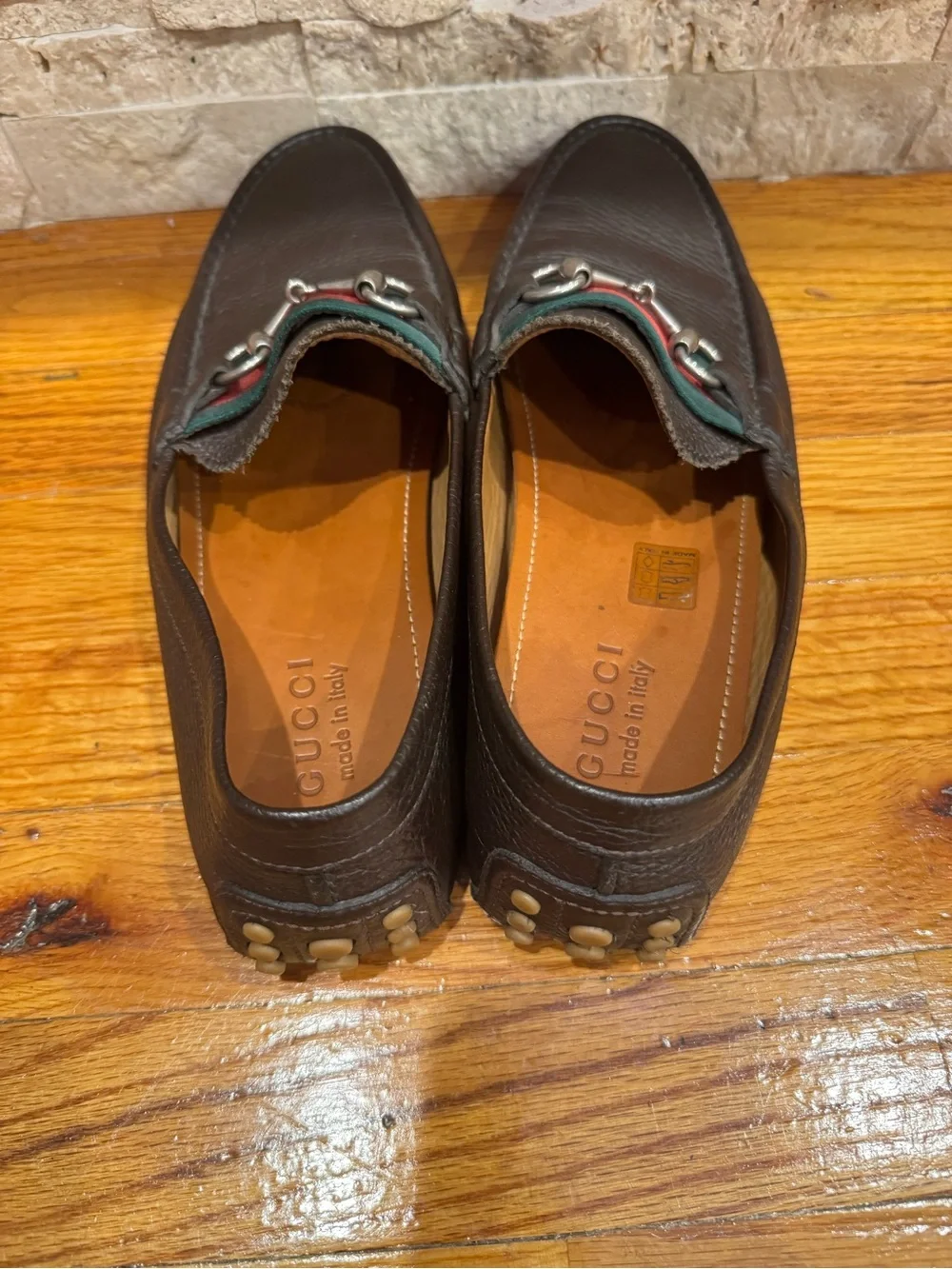 Gucci Brown Leather Horsebit Loafers with Green and Red Web